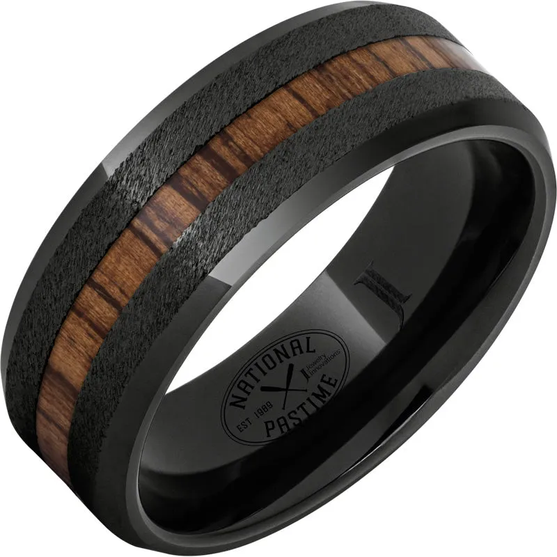 Black Diamond Ceramic Ring with Vintage Hickory Baseball Bat Wood Inlay and Grain Finish