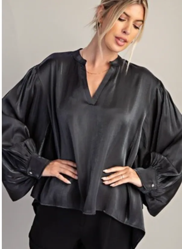 Black Metallic Oversized Balloon Sleeve Blouse