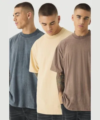 boohoo Mens 3 Pack Acid Wash Extended Neck Oversized T-Shirt