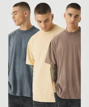 boohoo Mens 3 Pack Acid Wash Extended Neck Oversized T-Shirt