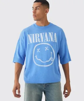 boohoo Mens Oversized Open Stitch Nirvana License Printed Knitted T-Shirt