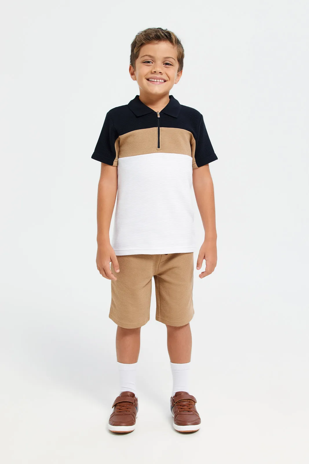 Boys White And Beige Polo Shirt With Short Set (2 Piece)