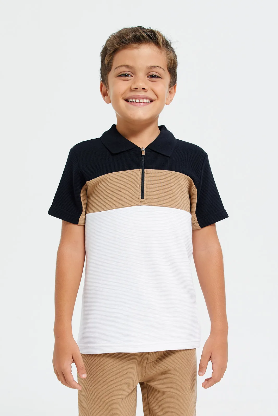 Boys White And Beige Polo Shirt With Short Set (2 Piece)