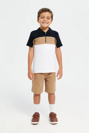 Boys White And Beige Polo Shirt With Short Set (2 Piece)