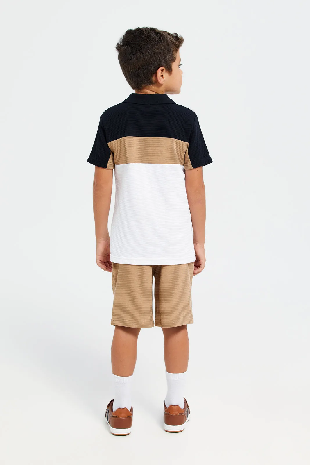 Boys White And Beige Polo Shirt With Short Set (2 Piece)