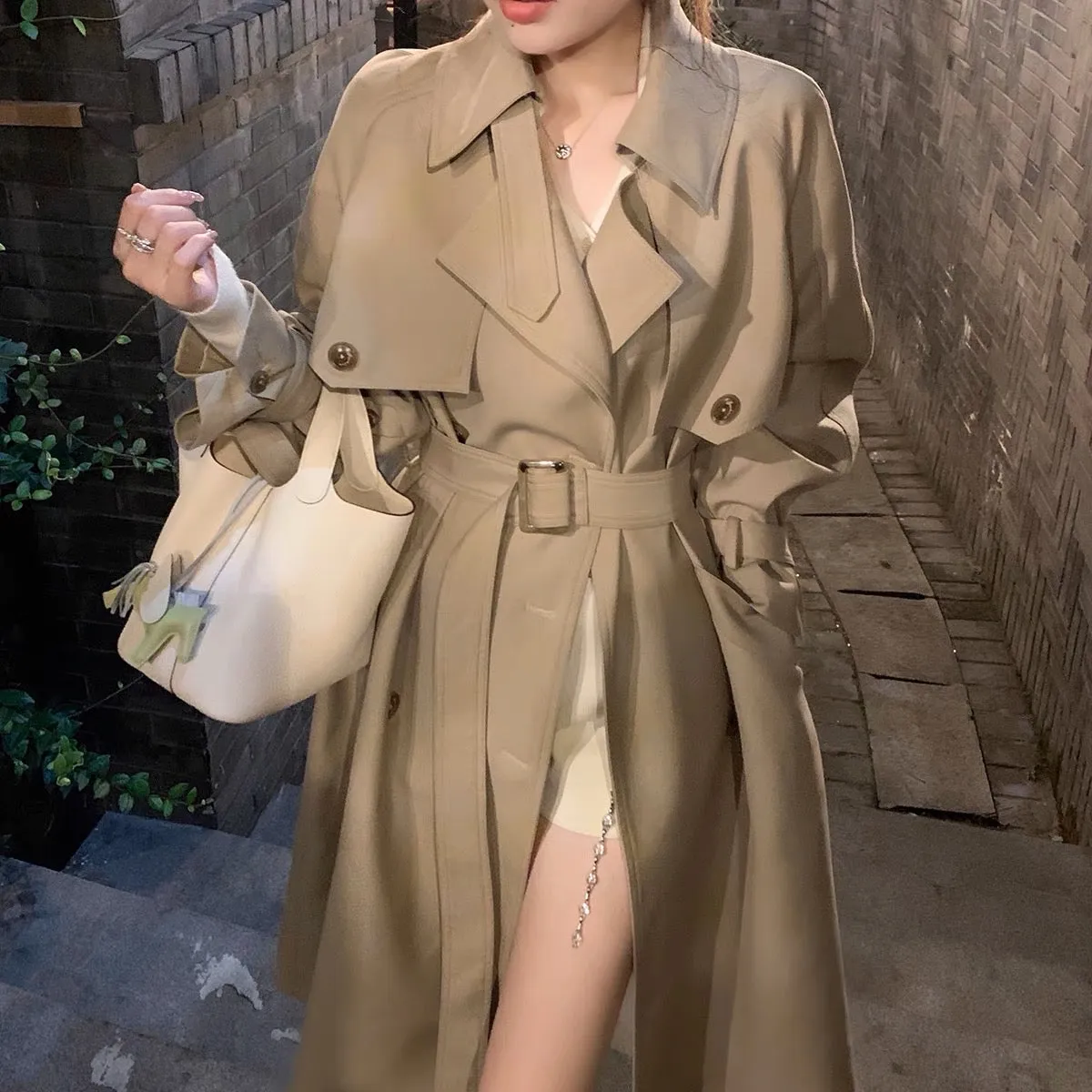 ByYou autumn new high-end mid-length khaki windbreaker coat women's British style drape casual coat