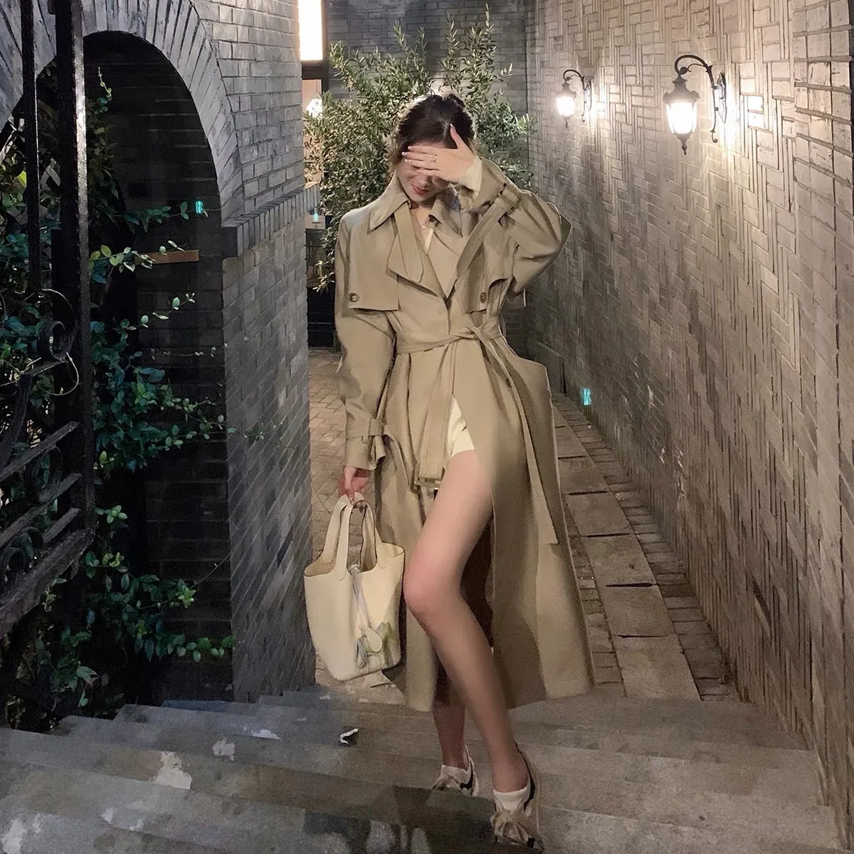 ByYou autumn new high-end mid-length khaki windbreaker coat women's British style drape casual coat