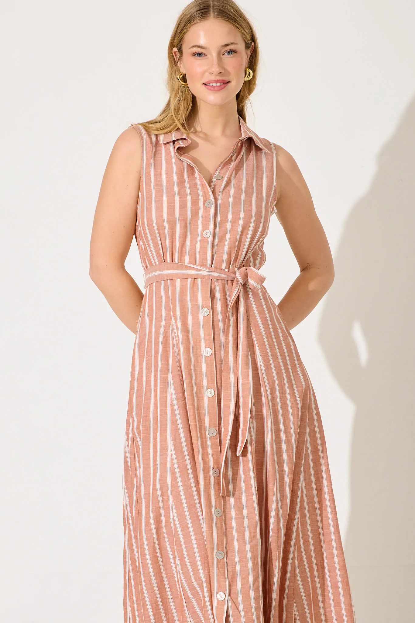 Calla Maxi Shirt Dress In Rust With White Stripe Cotton