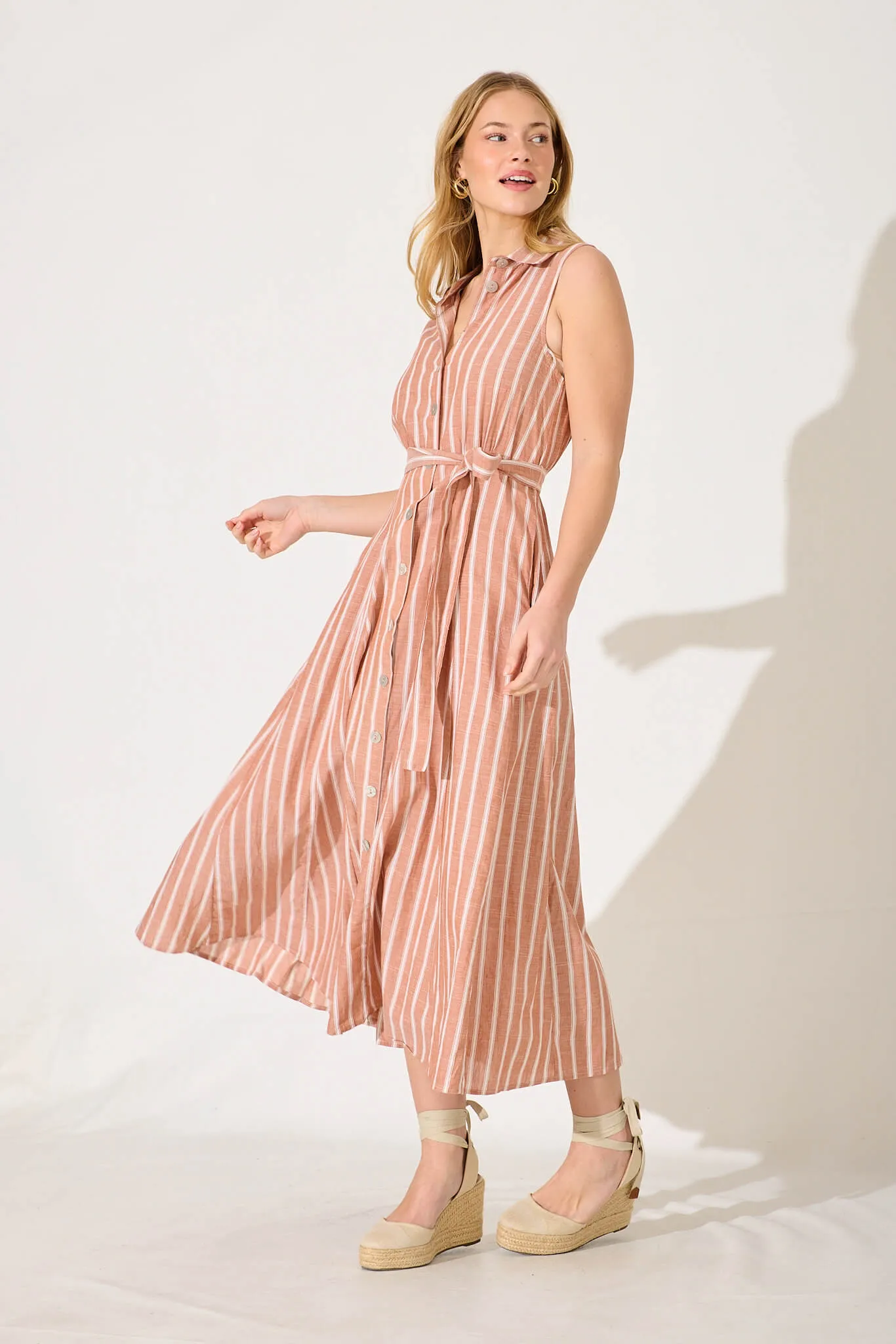 Calla Maxi Shirt Dress In Rust With White Stripe Cotton