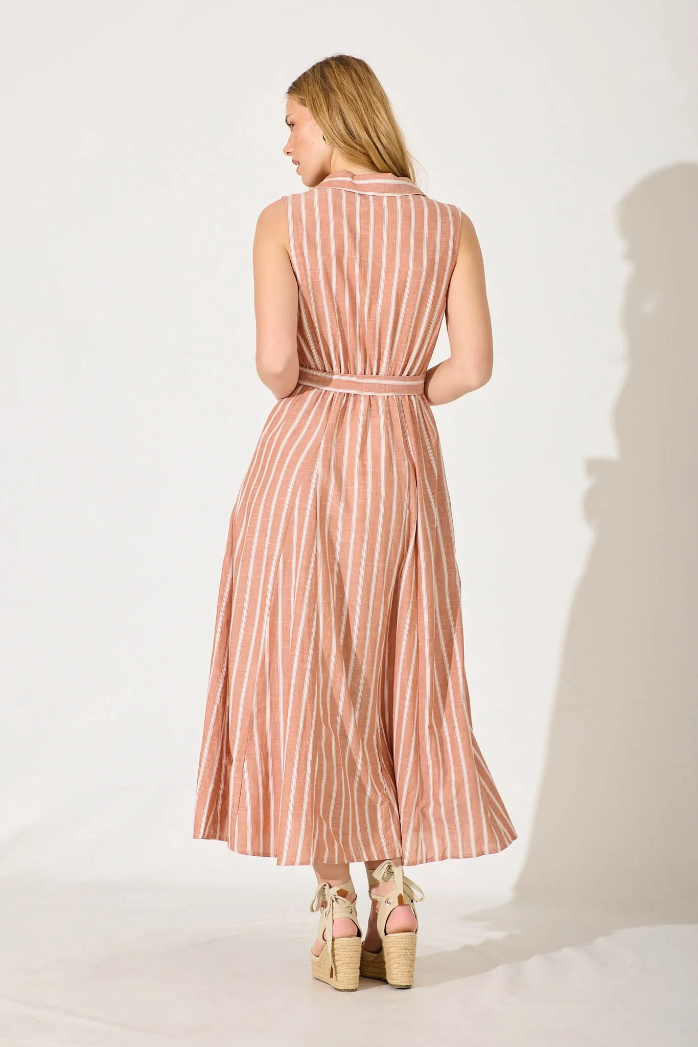 Calla Maxi Shirt Dress In Rust With White Stripe Cotton