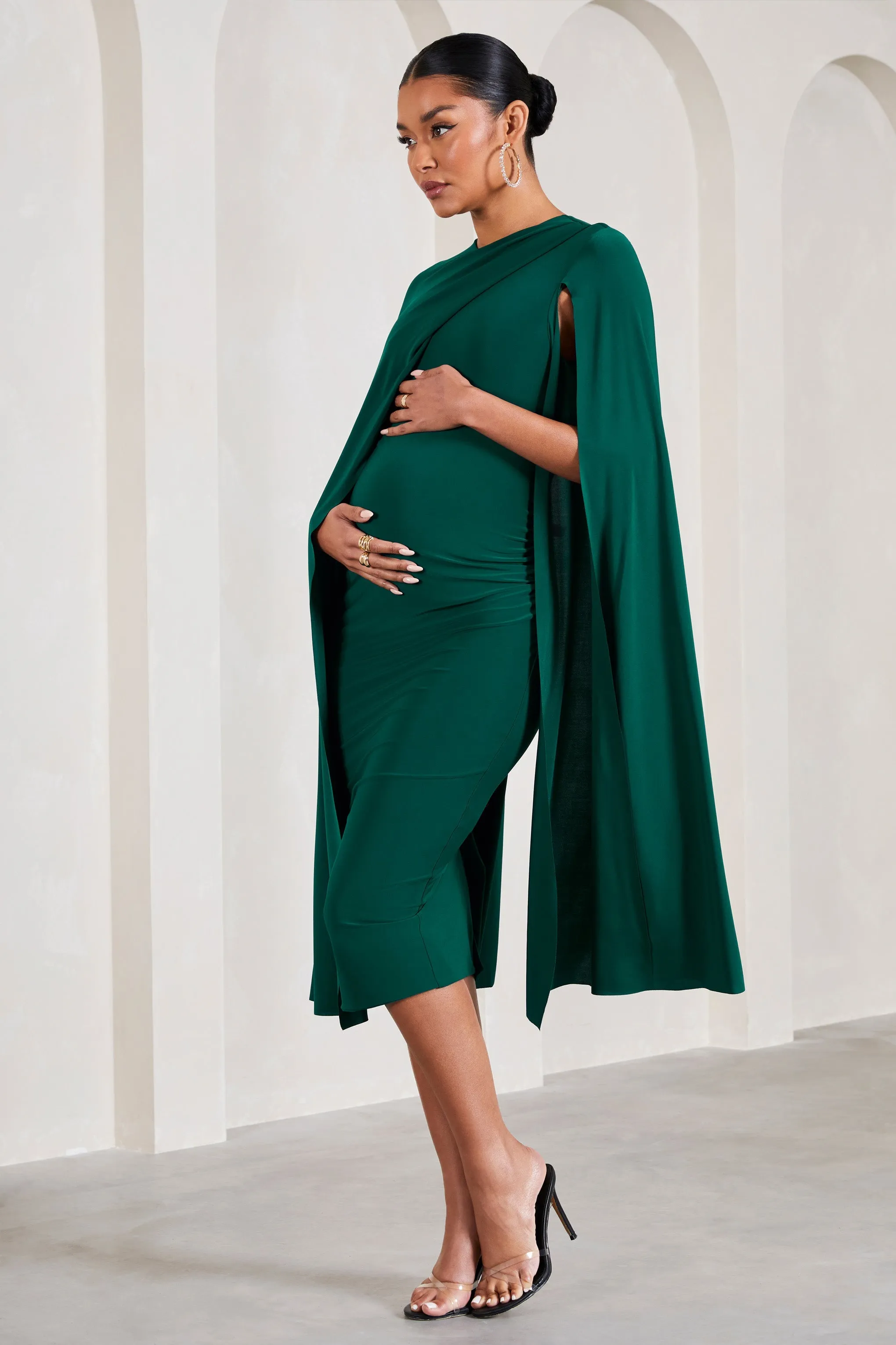 Cloud Nine | Bottle Green Maternity Midi Dress With Cape Sleeves