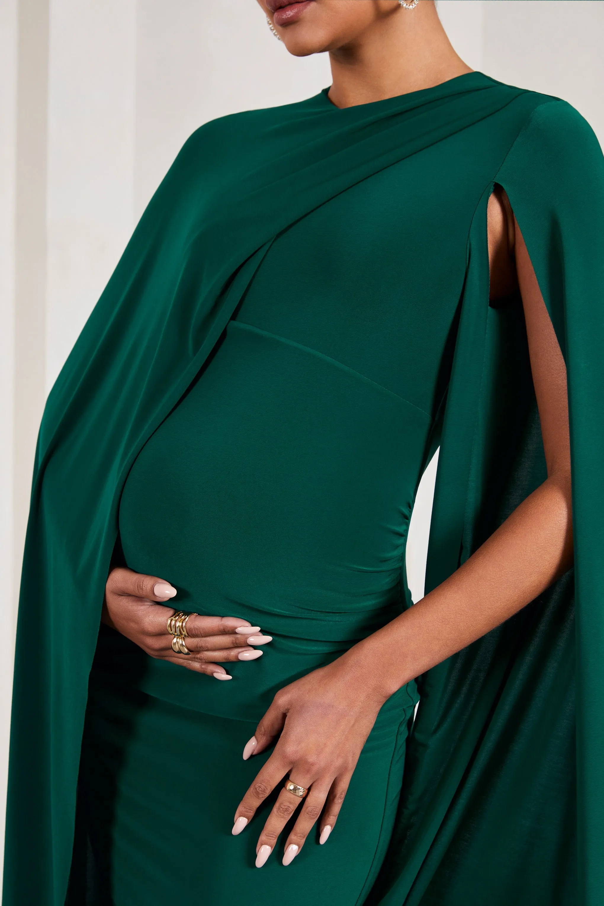 Cloud Nine | Bottle Green Maternity Midi Dress With Cape Sleeves