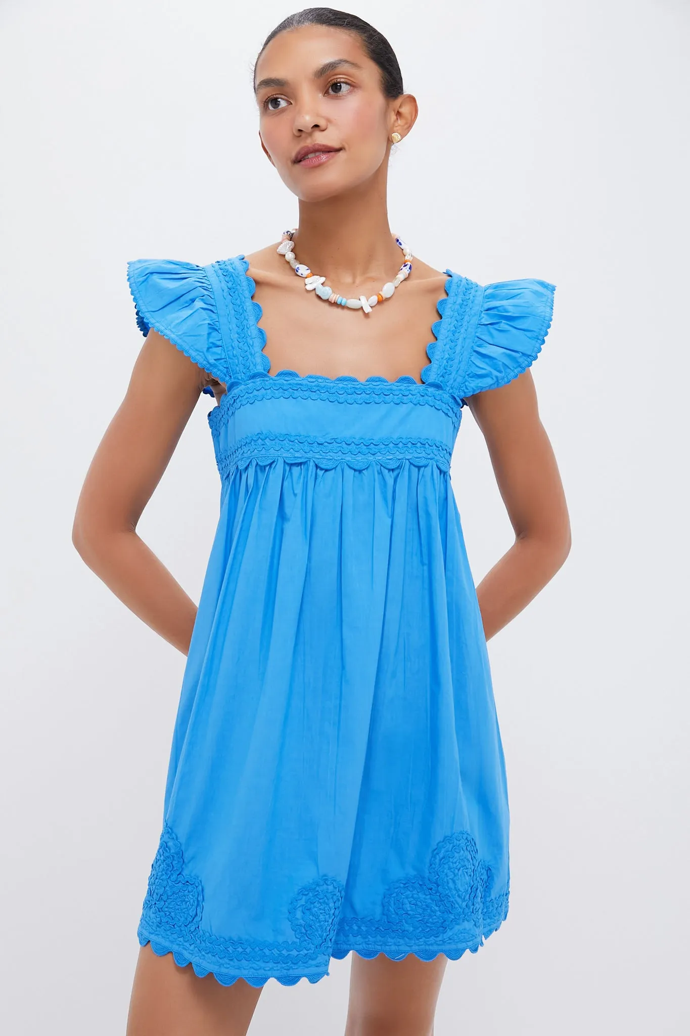 Cornflower Poplin Baby Doll Dress with Ric Rac Embroidery