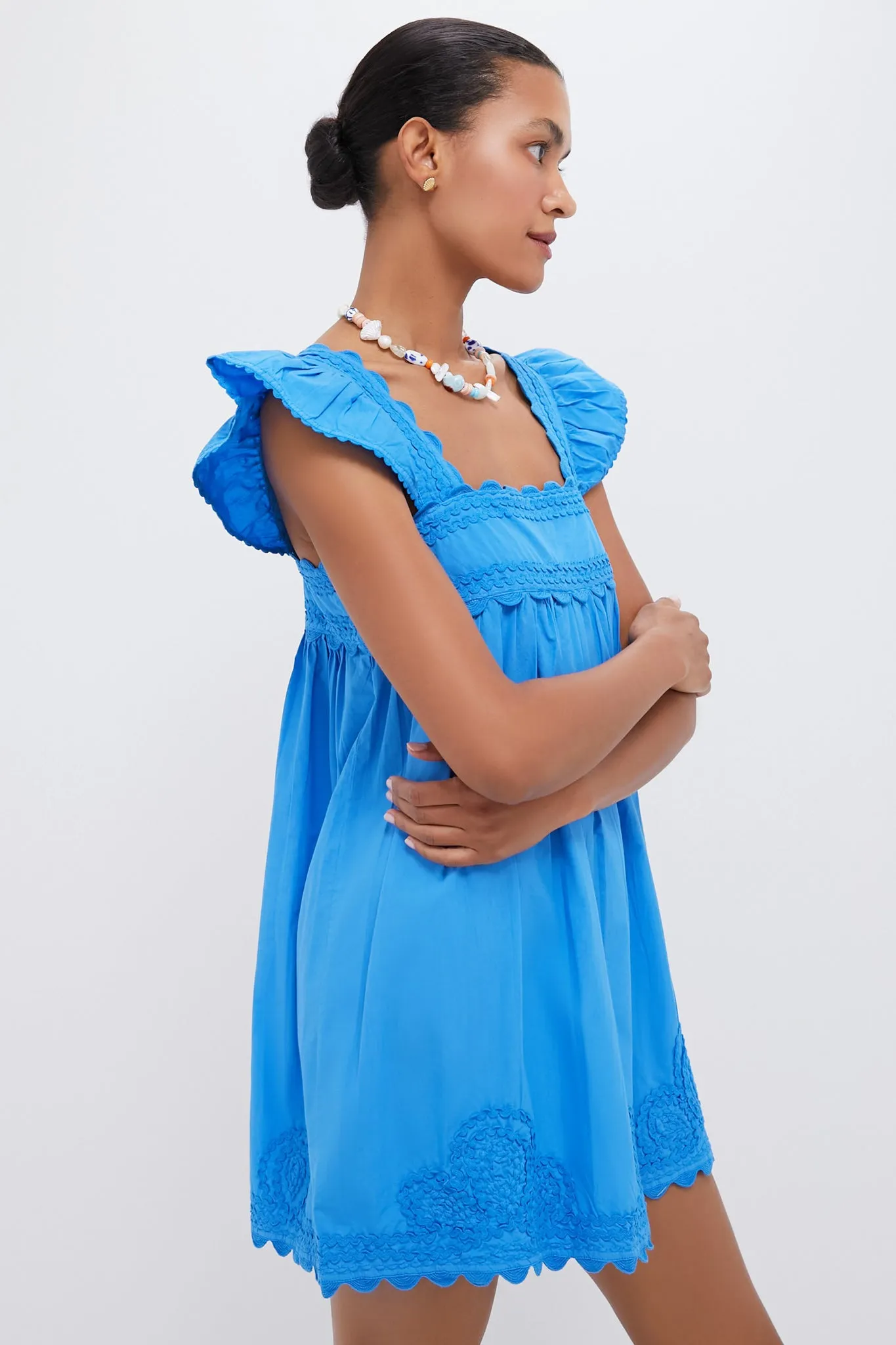 Cornflower Poplin Baby Doll Dress with Ric Rac Embroidery