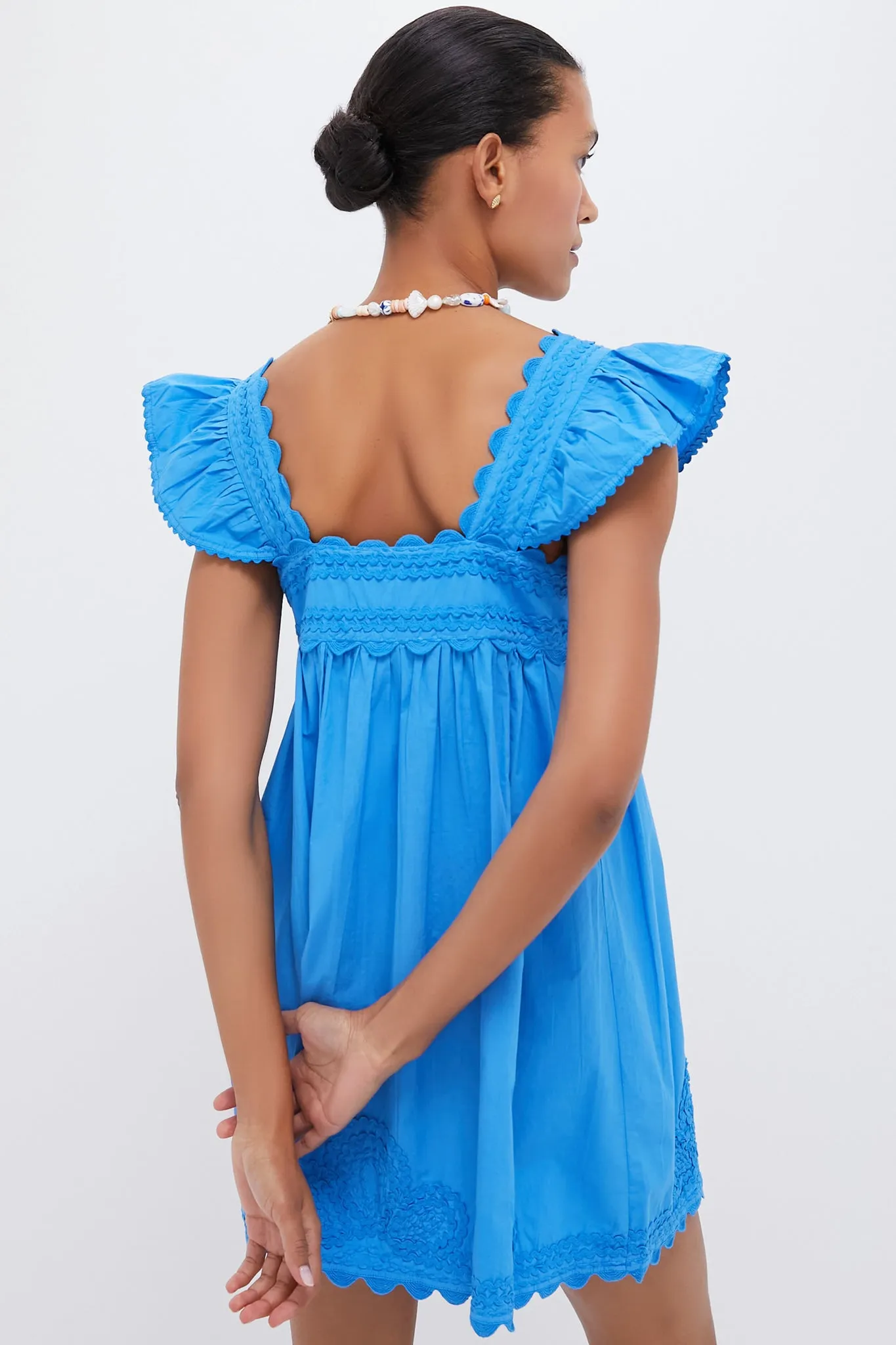 Cornflower Poplin Baby Doll Dress with Ric Rac Embroidery