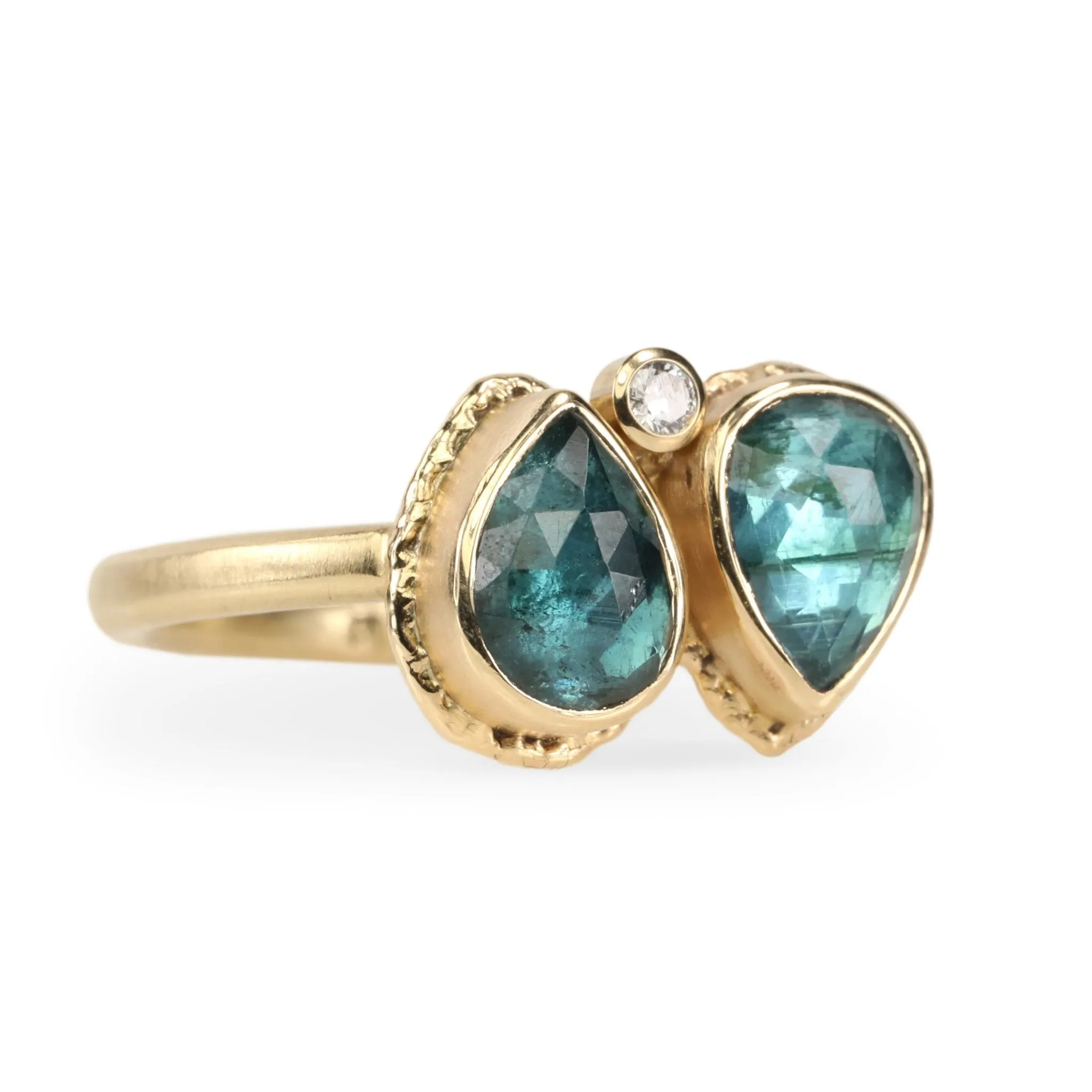 Double Teardrop Indicolite Ring with Single Diamond