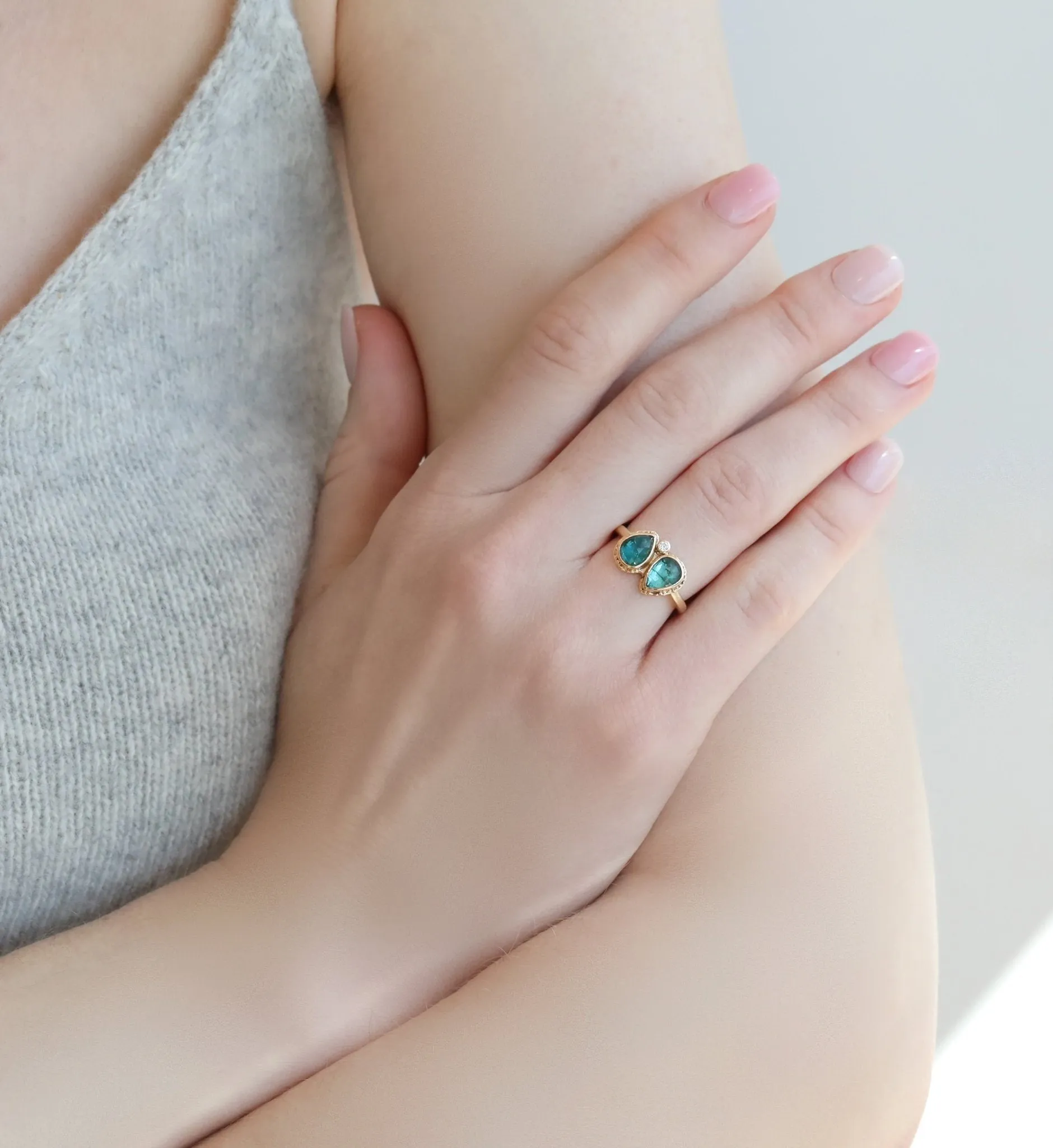 Double Teardrop Indicolite Ring with Single Diamond