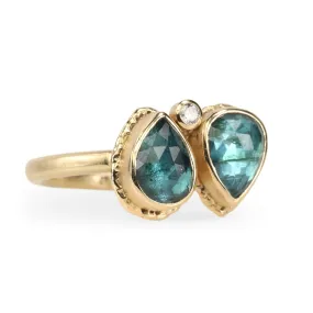 Double Teardrop Indicolite Ring with Single Diamond