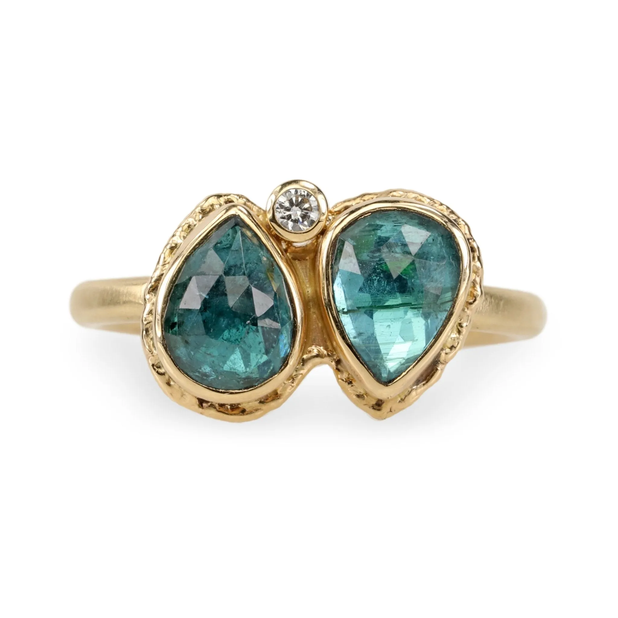 Double Teardrop Indicolite Ring with Single Diamond