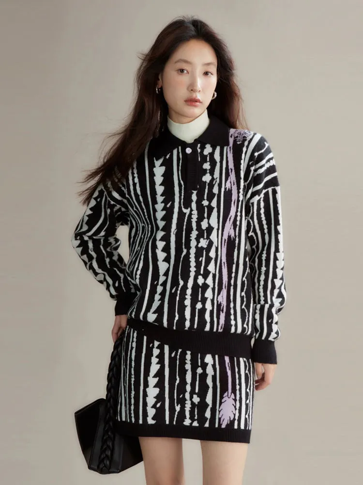 Dragon Pattern Jacquard Polo Sweater & Knitted Skirt