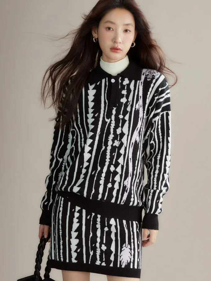 Dragon Pattern Jacquard Polo Sweater & Knitted Skirt