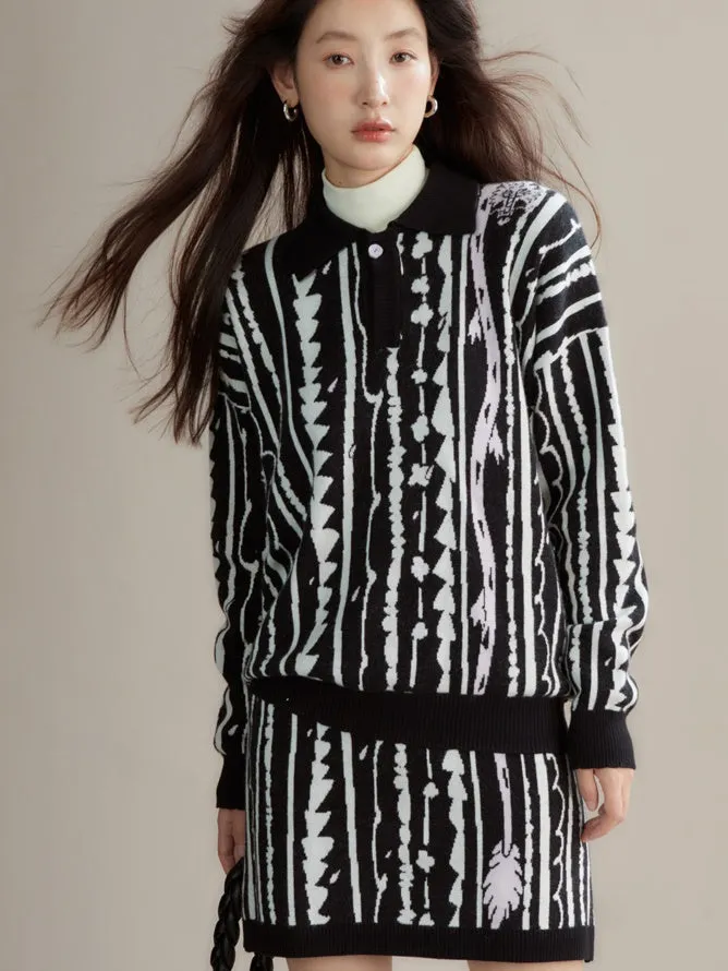 Dragon Pattern Jacquard Polo Sweater & Knitted Skirt