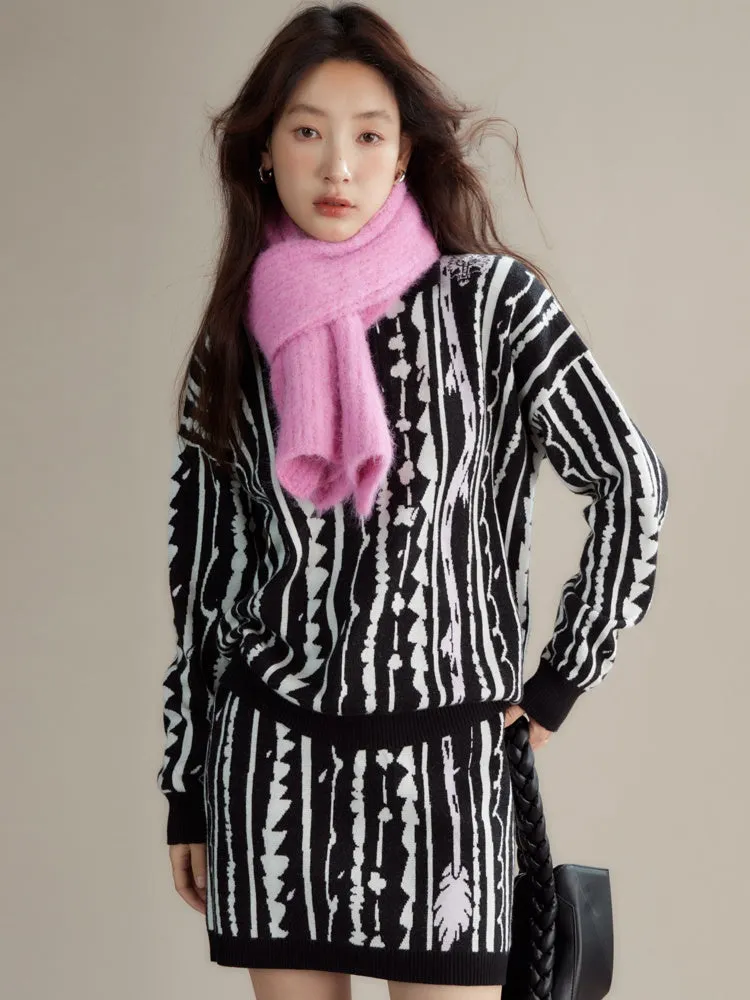 Dragon Pattern Jacquard Polo Sweater & Knitted Skirt