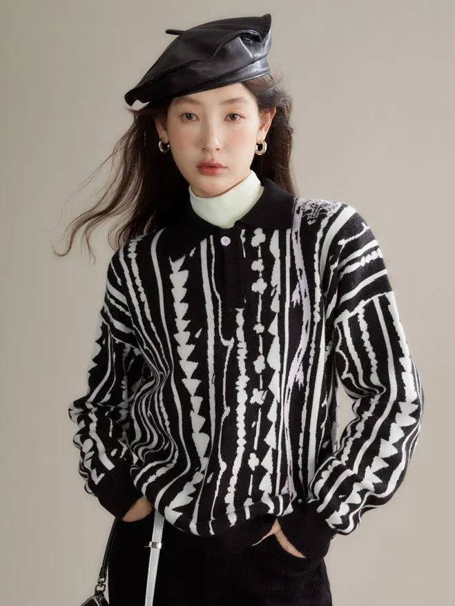 Dragon Pattern Jacquard Polo Sweater & Knitted Skirt