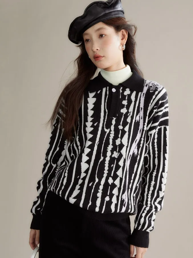 Dragon Pattern Jacquard Polo Sweater & Knitted Skirt