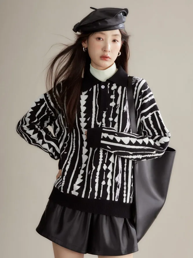 Dragon Pattern Jacquard Polo Sweater & Knitted Skirt