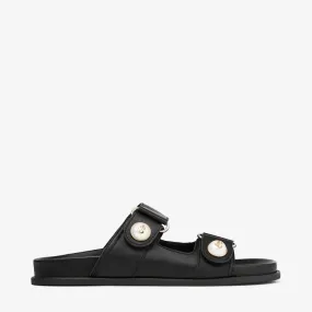 Fayence Sandal Black Leather Flat Sandals with Pearl Embellishment