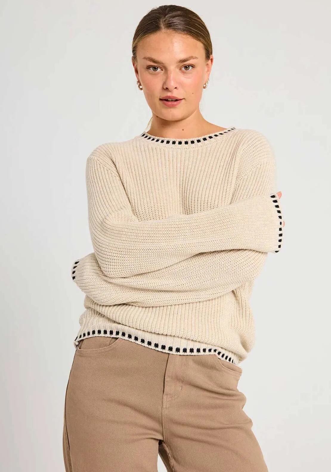 Freequent Ellis Contrast Trim Knit Jumper, Beige