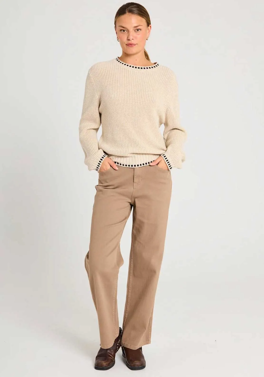 Freequent Ellis Contrast Trim Knit Jumper, Beige