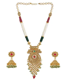 Gold Plated Kundan Bridal Long Necklace With Earring Set For Women