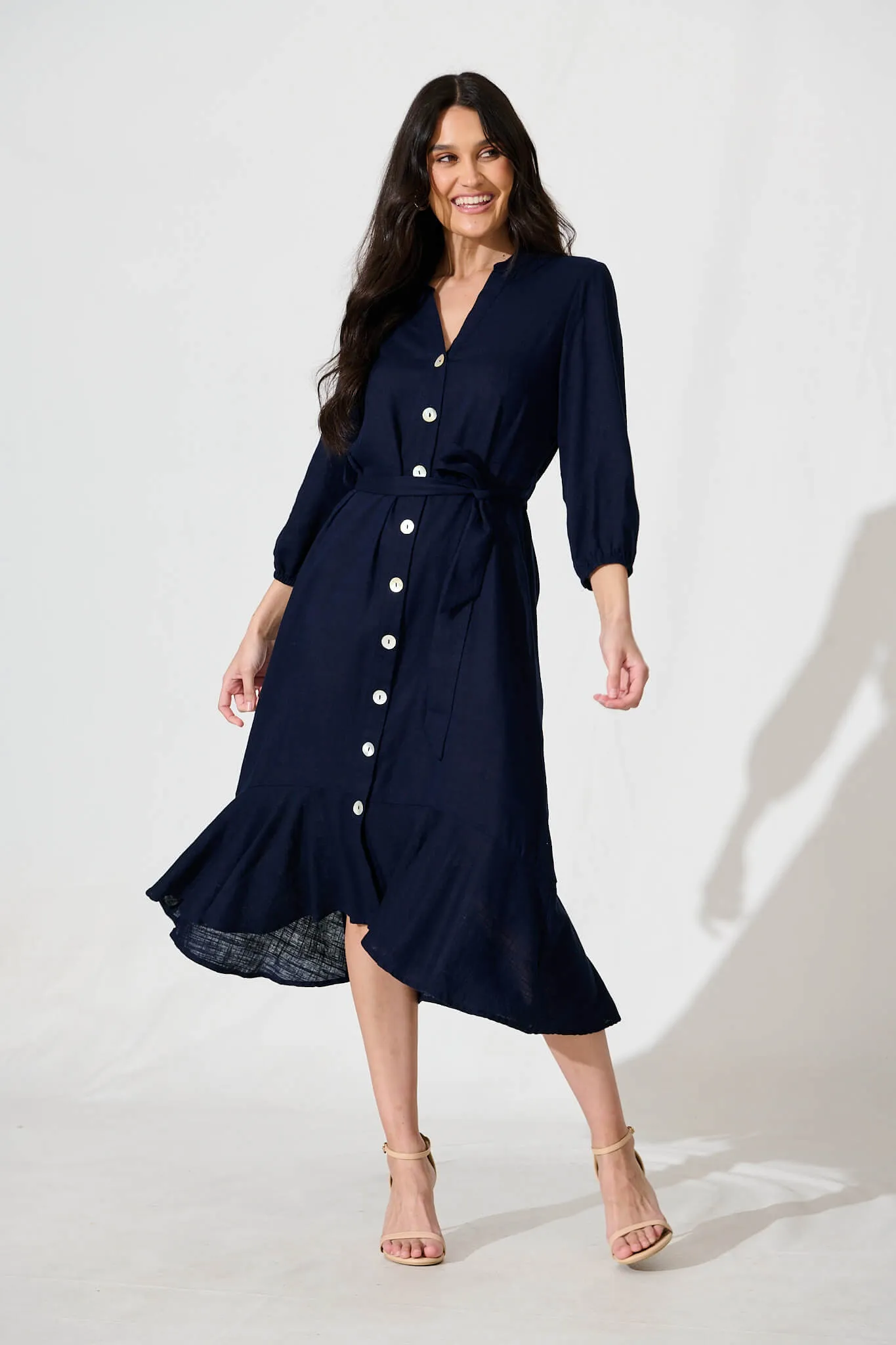 Heartland Midi Dress In Navy Linen Blend