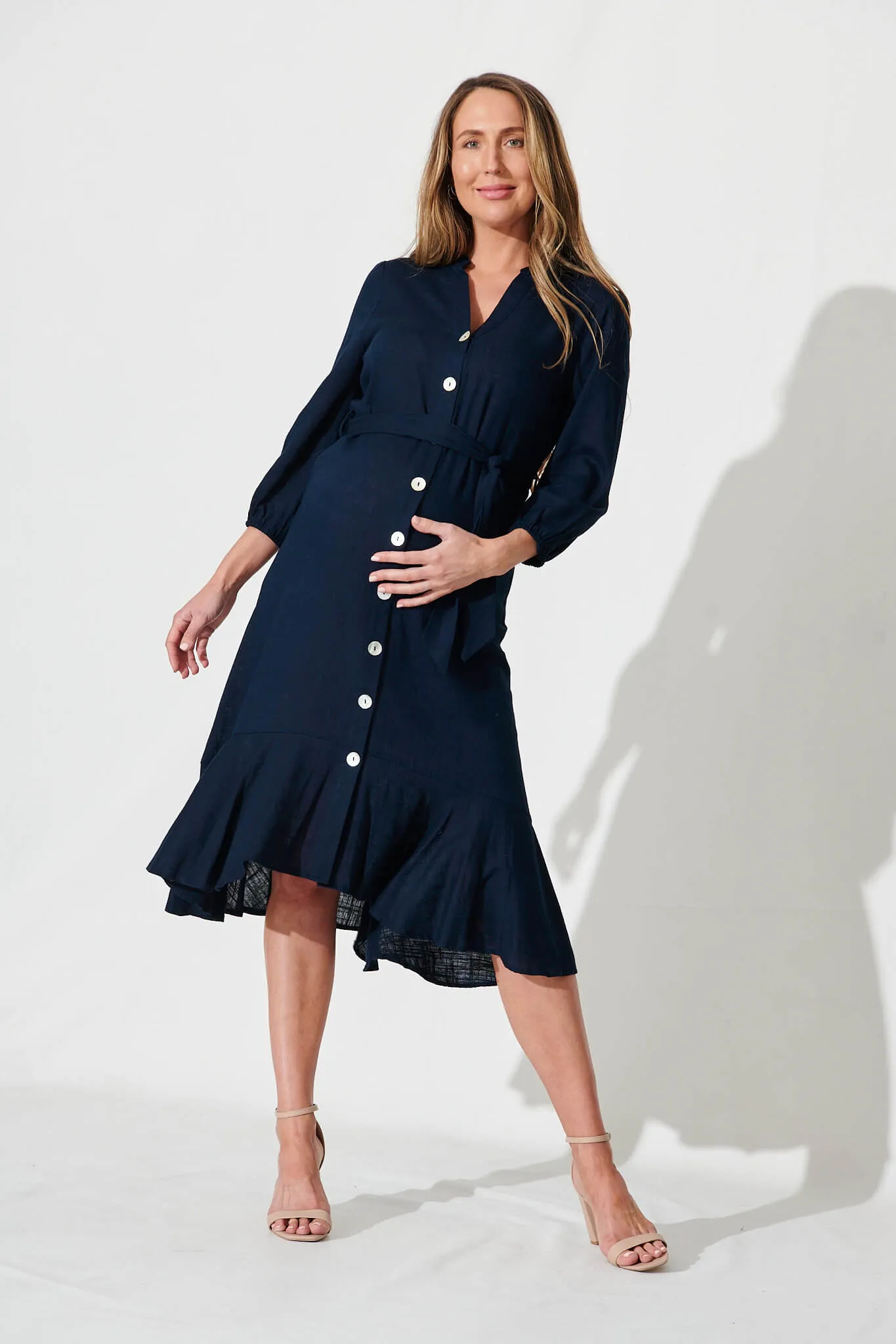 Heartland Midi Dress In Navy Linen Blend