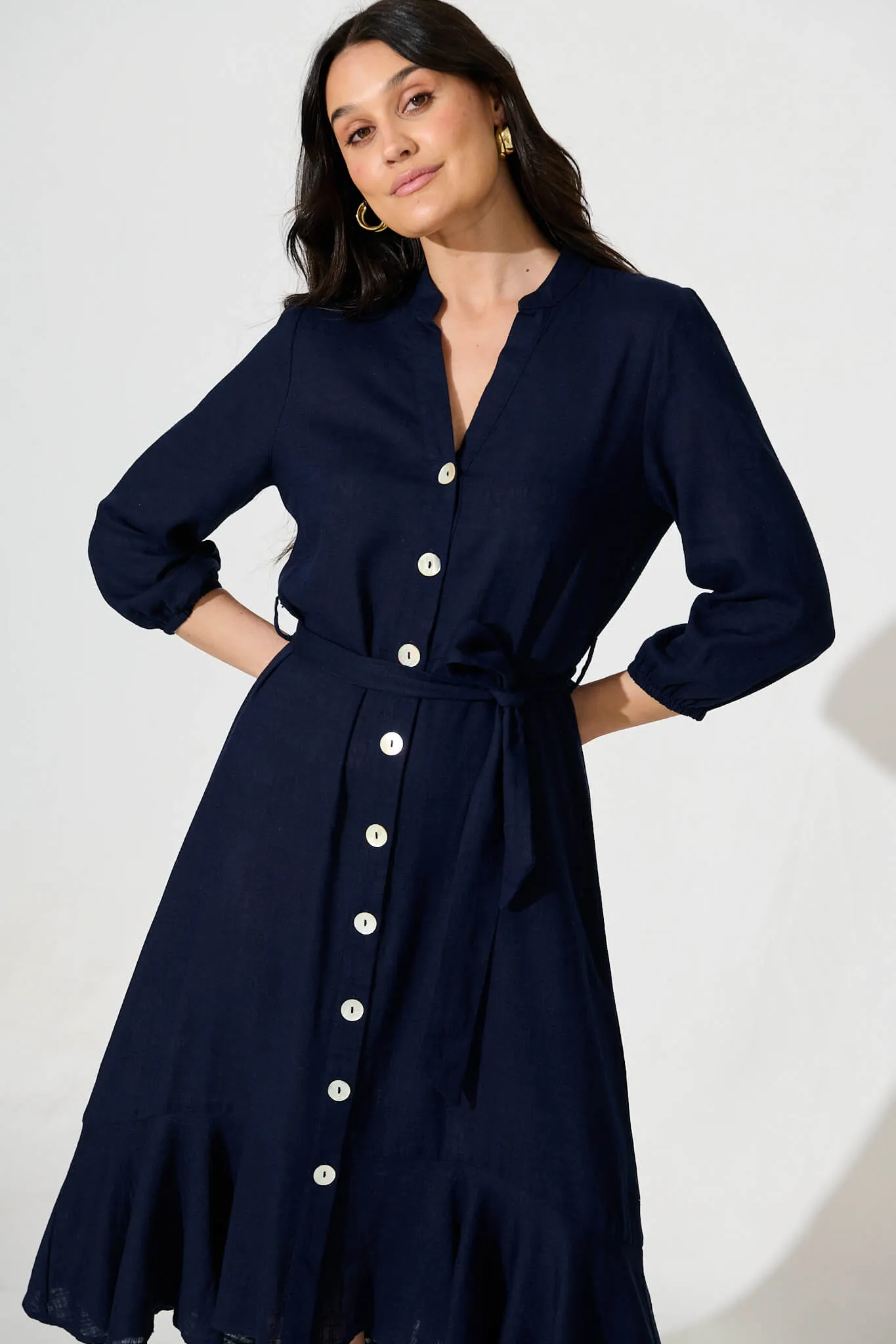 Heartland Midi Dress In Navy Linen Blend