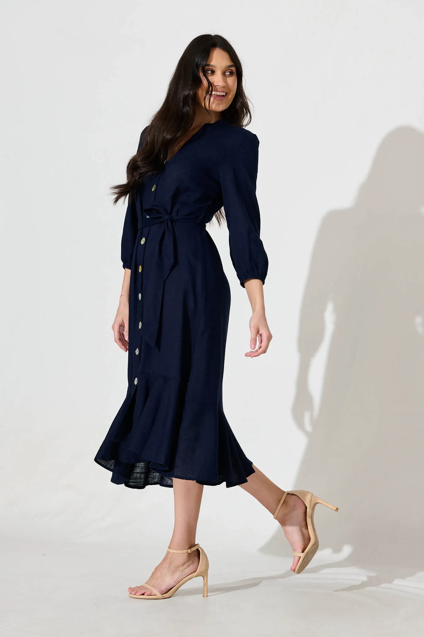 Heartland Midi Dress In Navy Linen Blend