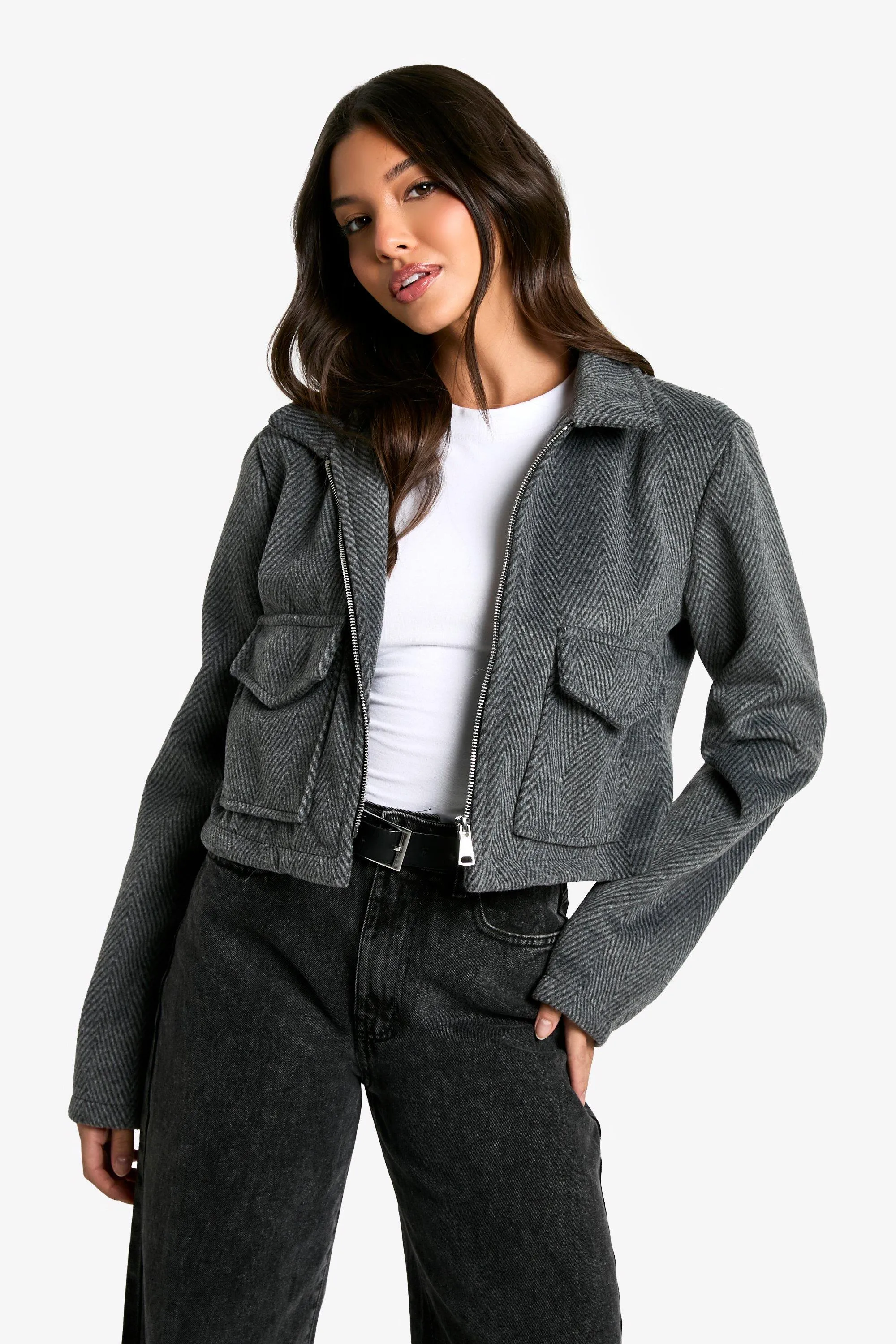 Herringbone Short Wool Look Jacket