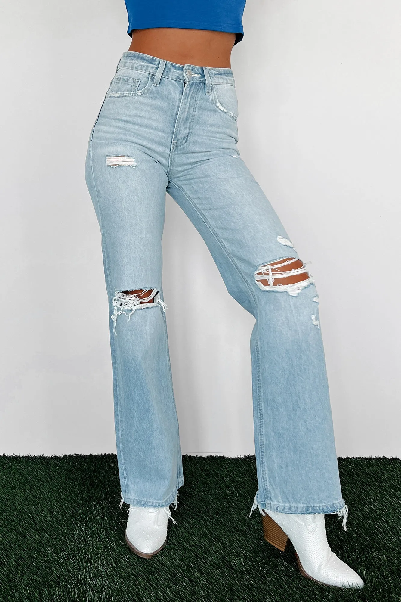 Ira High Rise Distressed 90s Vintage Vervet Flare Jeans (Light)