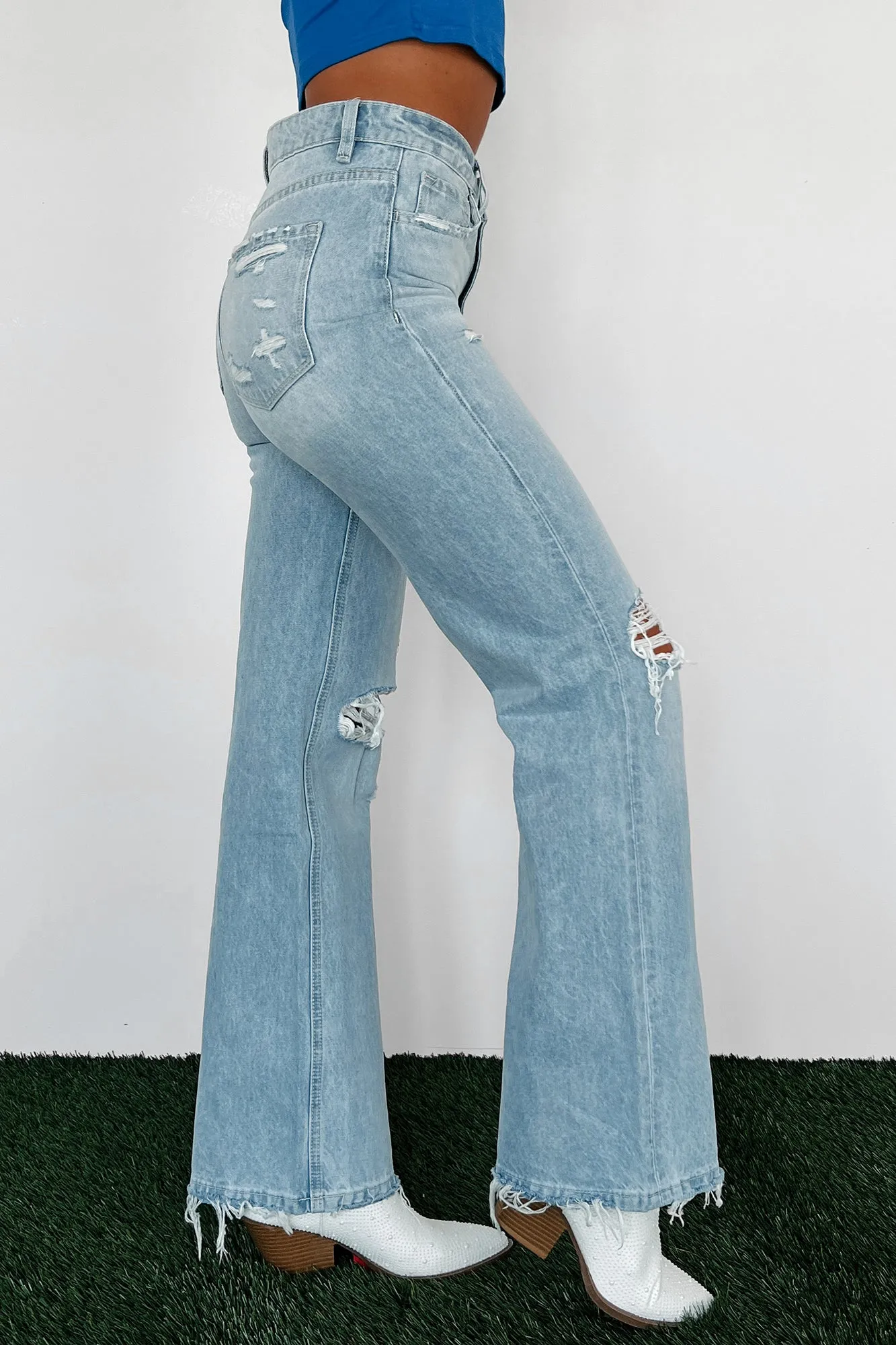 Ira High Rise Distressed 90s Vintage Vervet Flare Jeans (Light)