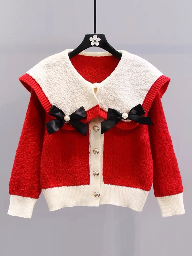 Japanese bowknot doll collar sweater coat women's autumn and winter 2023 new loose foreign style age-reducing knitted cardigan