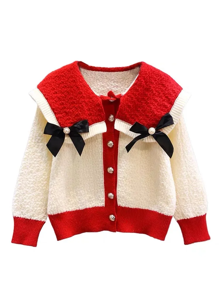 Japanese bowknot doll collar sweater coat women's autumn and winter 2023 new loose foreign style age-reducing knitted cardigan