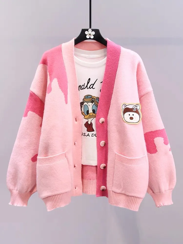 Japanese cartoon sweater cardigan women's coat autumn and winter 2023 new loose college style age-reducing V-neck knitted top