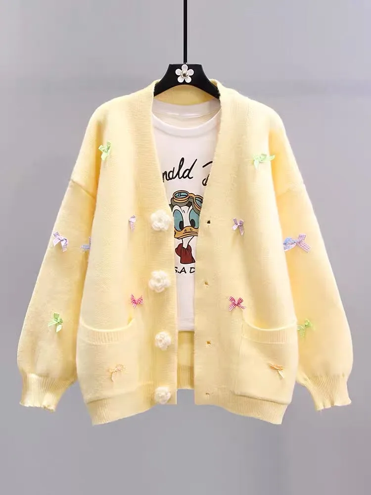 Japanese flower bow sweater coat for women autumn and winter 2023 new loose lazy style knitted cardigan