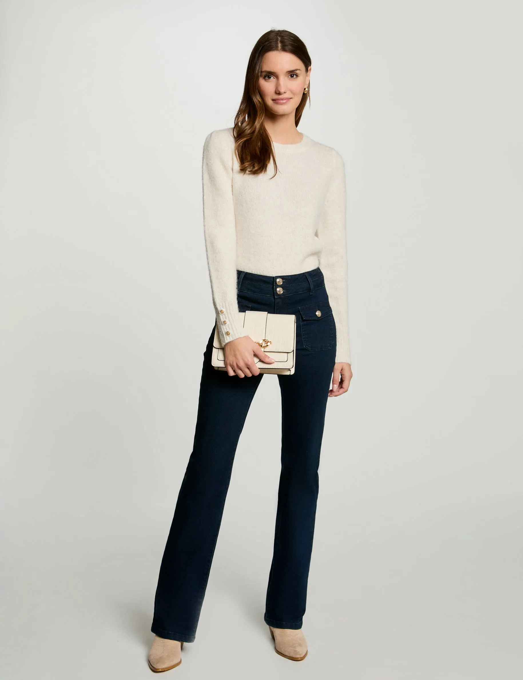 Jumper round neck and buttons ivory women