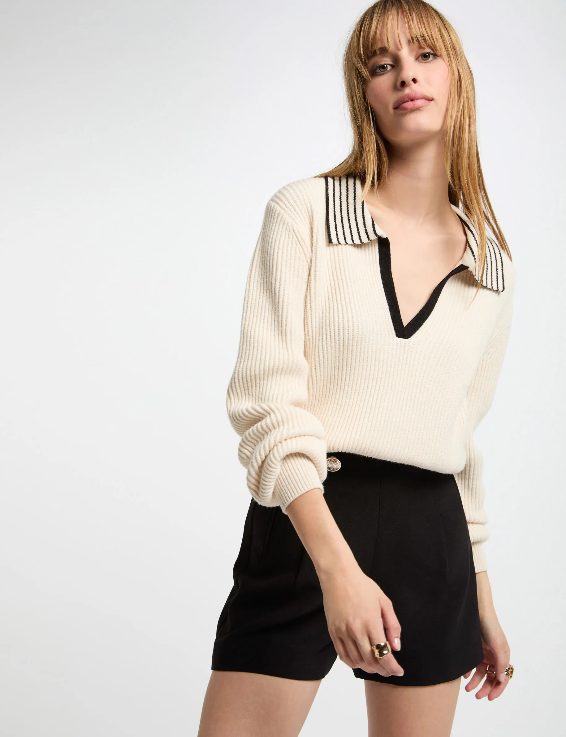 Jumper V-neck with lapel ivory women