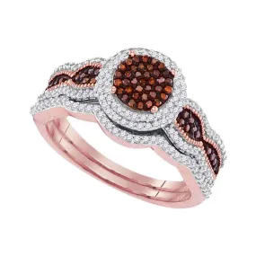 Keene Jewelers 10kt Rose Gold Womens Round Red Color Enhanced Diamond Bridal Wedding Ring Set 1/2 Cttw