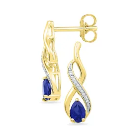 Keene Jewelers 10kt Yellow Gold Womens Pear Lab-Created Blue Sapphire Diamond Earrings 1 Cttw