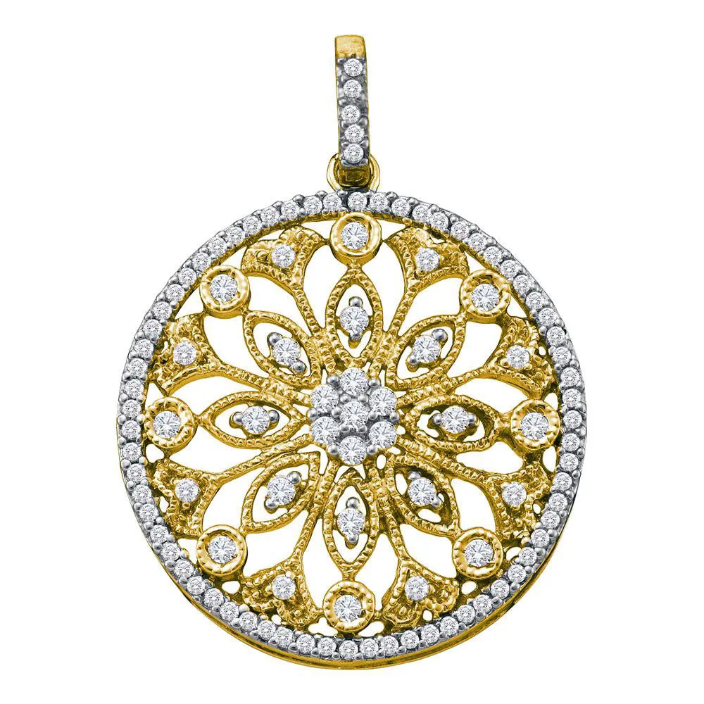 Keene Jewelers 10kt Yellow Gold Womens Round Diamond Antique-style Circle Pendant 1/2 Cttw